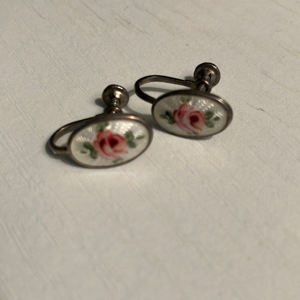 Vintage Enamel Sterling Hand Painted Rose Screw Back Earrings